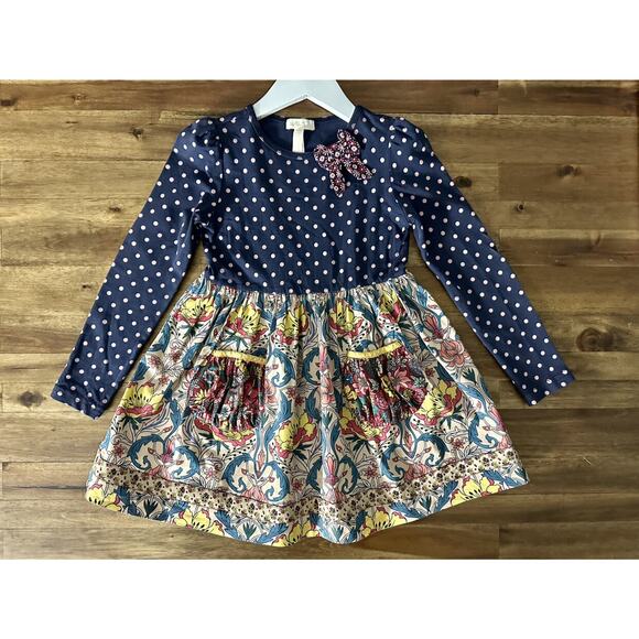 Matilda Jane Friends Forever Navy Blue Polka Floral Paisley Rowan Bow Knit Dress - Picture 2 of 8